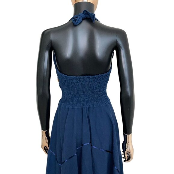 Handmade Navy Embroidered Halter Dress Boho Sharkbite Hem Festival Dress Small - Picture 7 of 10